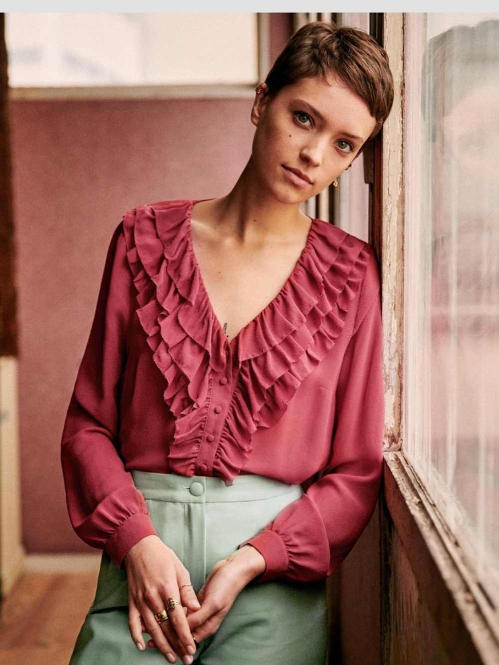 Sézane Aubane Shirt Winter Pink Ruffled V-Neck Blouse 40/8 M